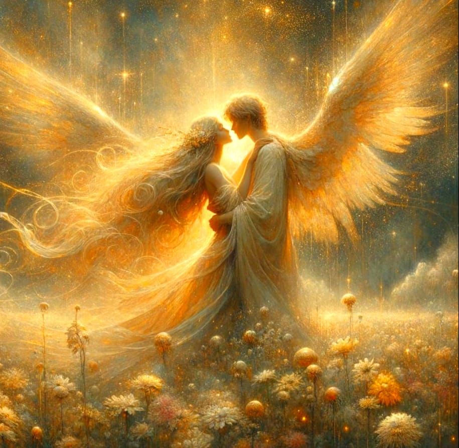 Ethereal Morning Embrace in Golden Watercolour Style