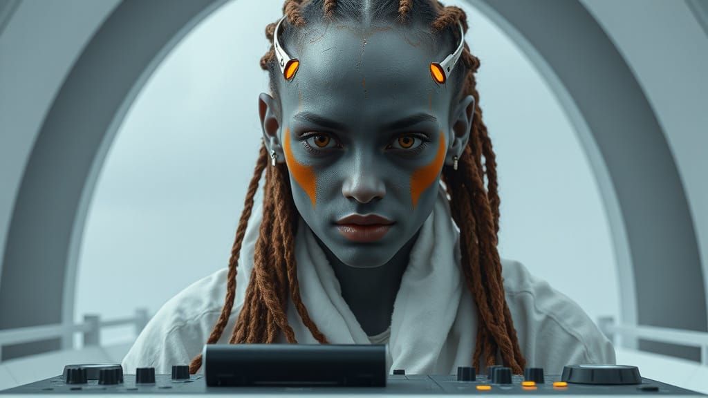 Biomechanical DJ Portrait in Futuristic Cathedral