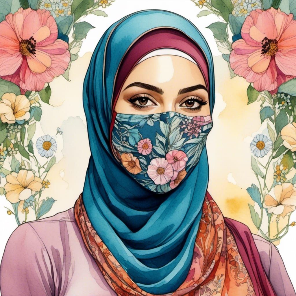 Beautiful Hijabi Student Portrait in Watercolor and Ink