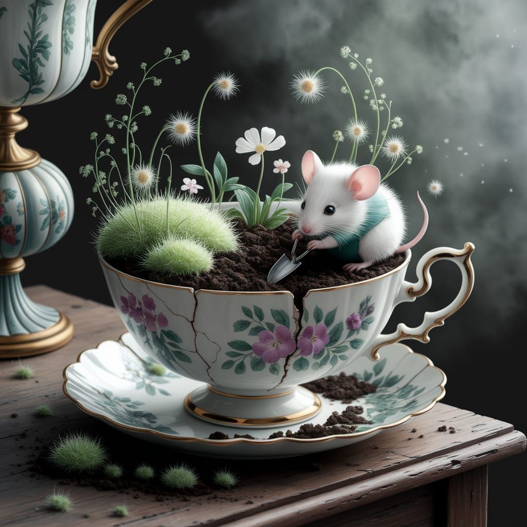 Tiny Garden in Teacup with Mouse Gardener