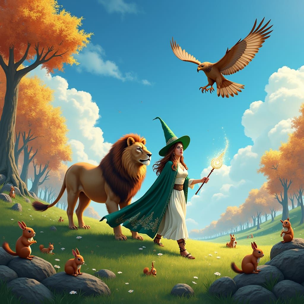 Lion and Witch in Enchanting Autumn Landscape