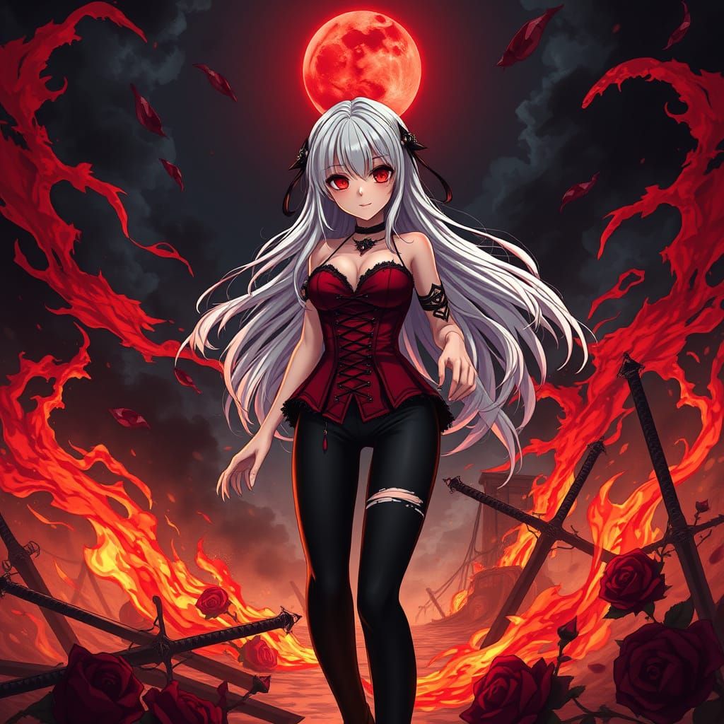 Dark Anime Goddess in Crimson Corset, Crimson Eyes, and Swir...