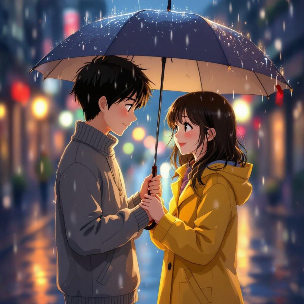 Romantic Rainy Season Scene in Anime Style