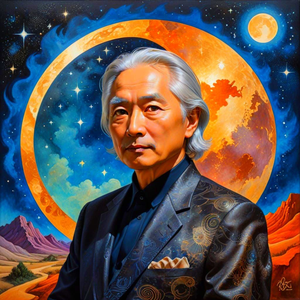 Michio Kaku Amidst Lunar Dreamscape, Oil on Copperleaf