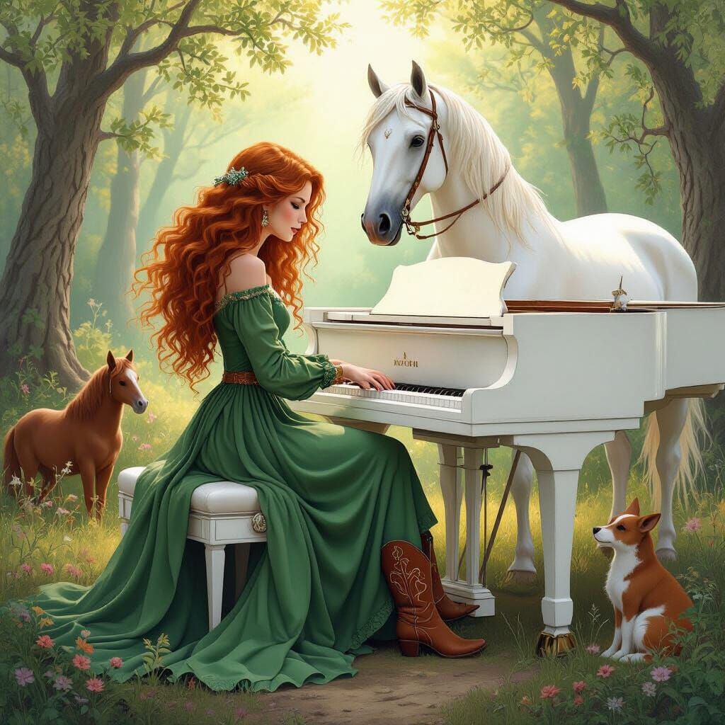Whimsical Girl Plays Piano with Horse