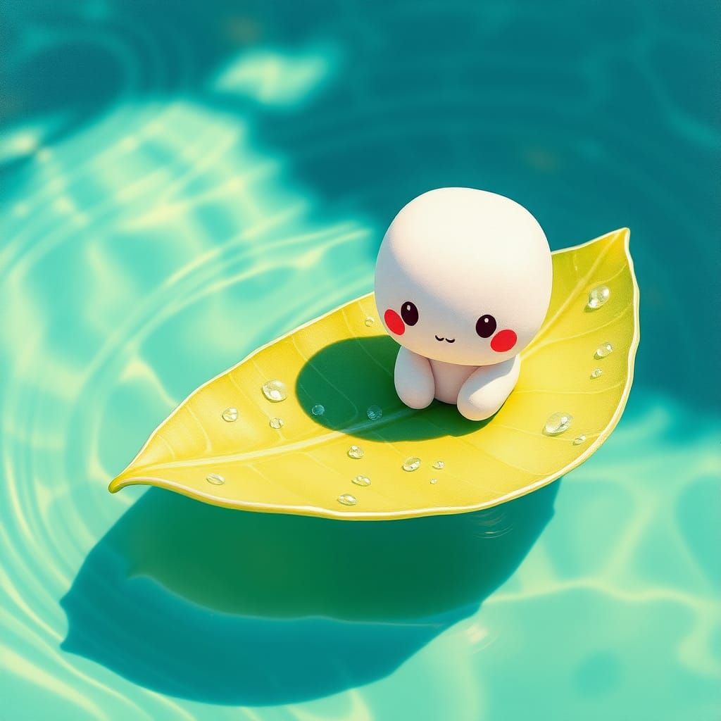 Chibi Marshmallow Creature on Leaf in Street Art Style