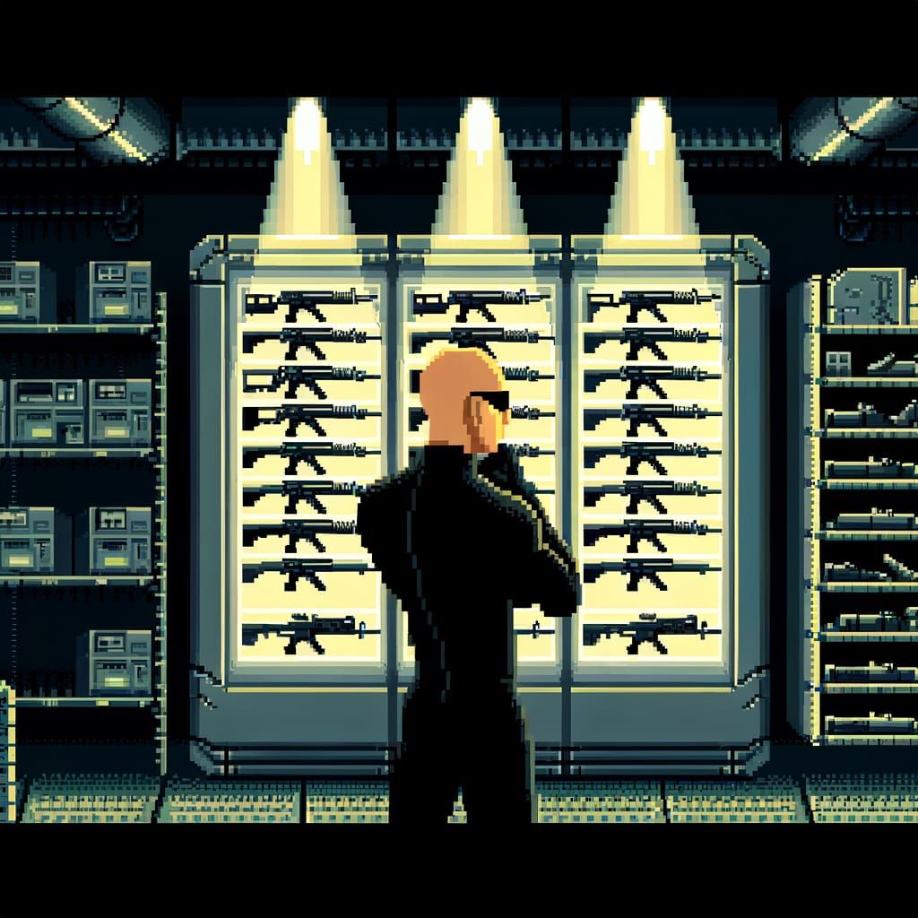 Assassin Choosing Weapon in 16-bit Pixel Art Style