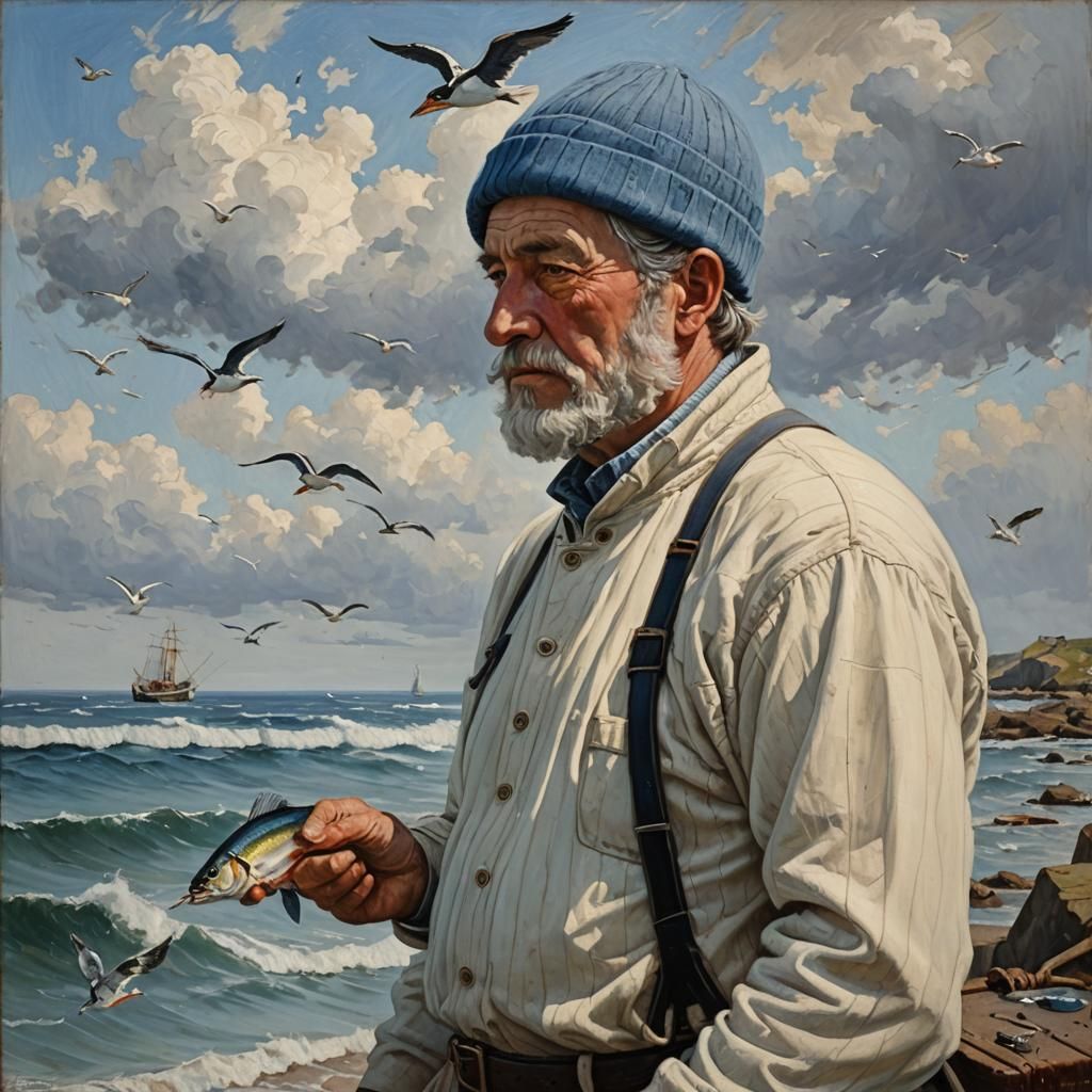 Fisherman Casting Net in Coastal Landscape, Oil Painting