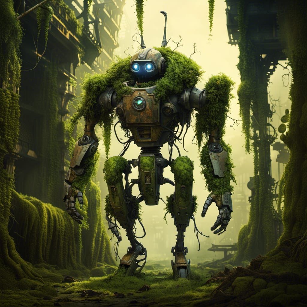Moss-Covered Robot in Overgrown City, Detailed Matte Paintin...