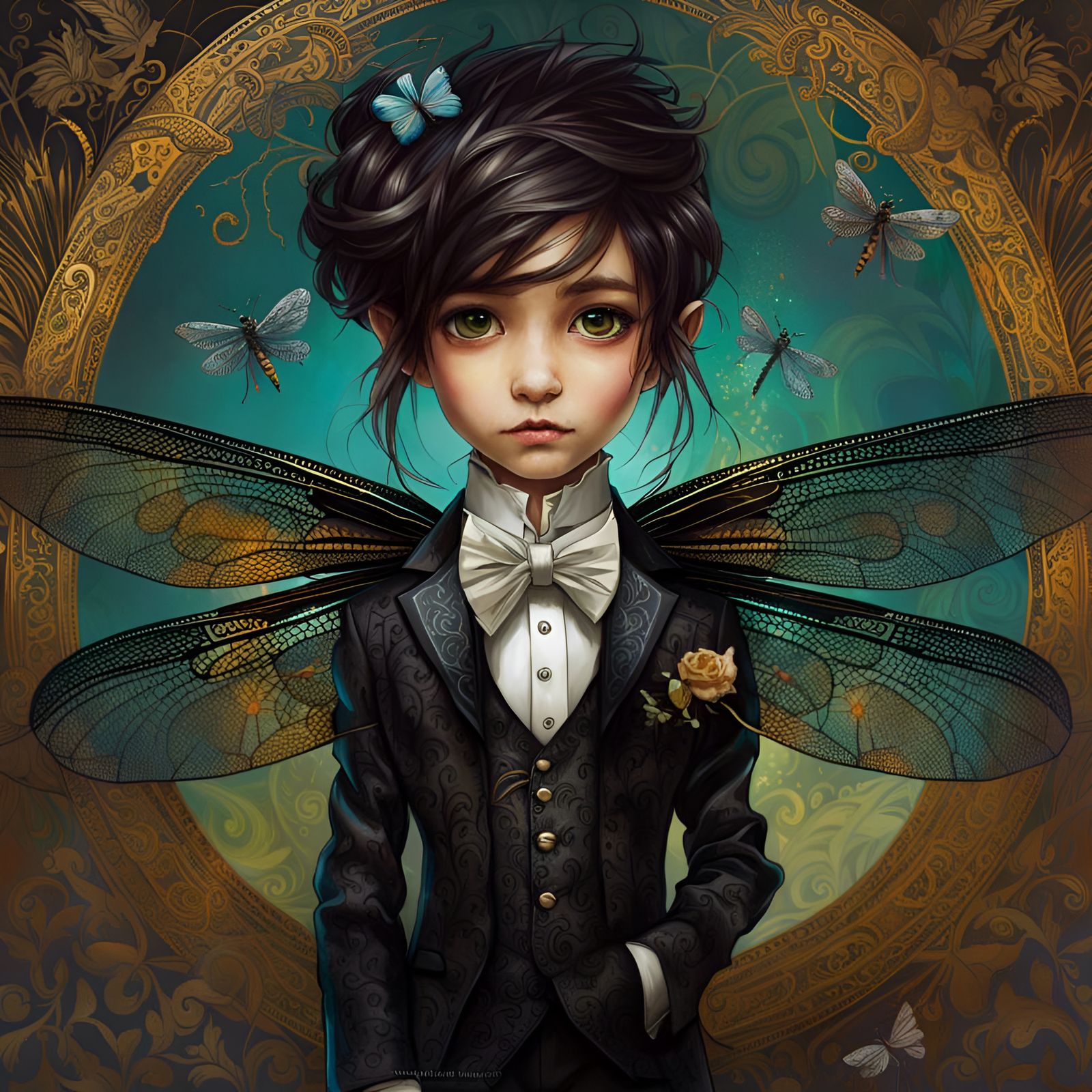 Dragonfly in Tuxedo: Whimsical Portrait