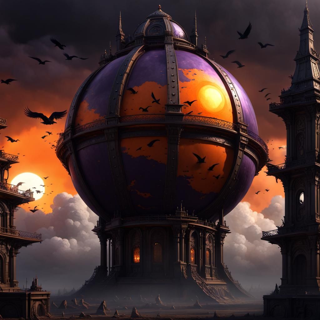 Dark Fantasy: Giant Metal Tower Under Ominous Sky