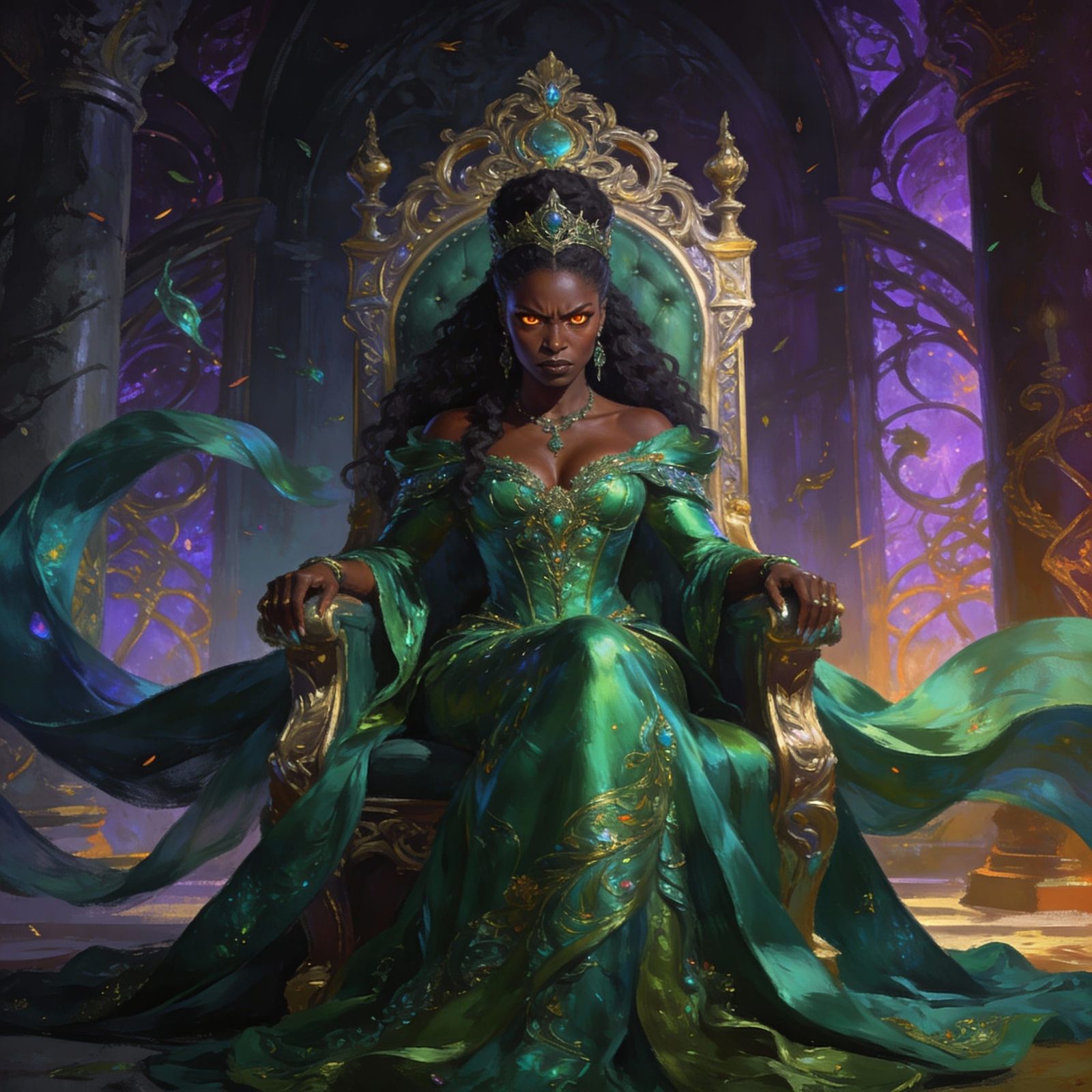 Regal Black Woman's Angry Reign on Ornate Throne