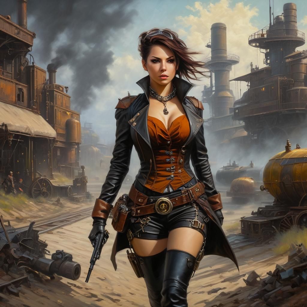 Steampunk Assassin in Dystopian Landscape, Oil Painting