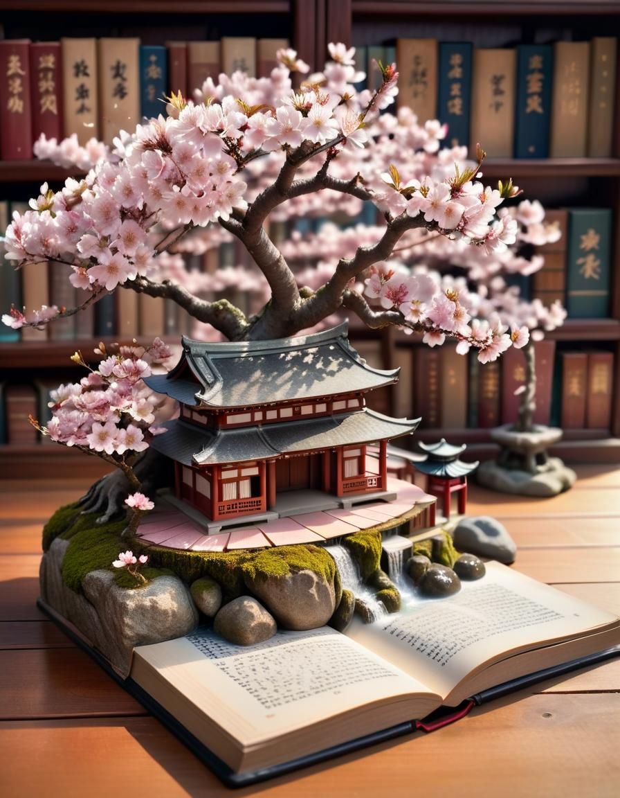 Japanese Shrine and Cherry Blossoms in Popup Book