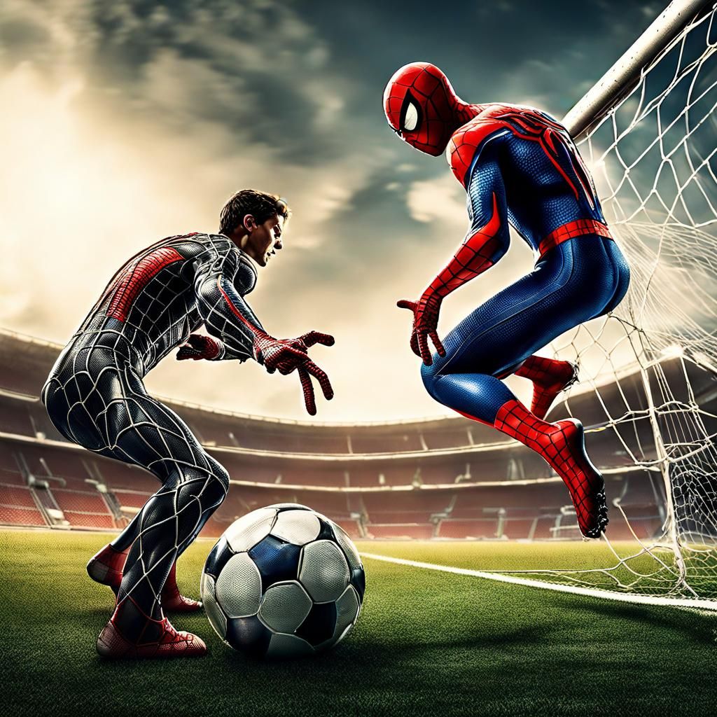 Spiderman Kicks Football with Doctor Octopus in Goal