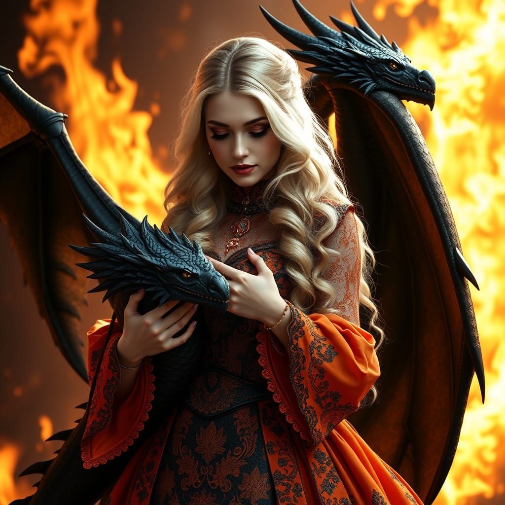 Gothic Goddess with Dragon in a Fiery Realm