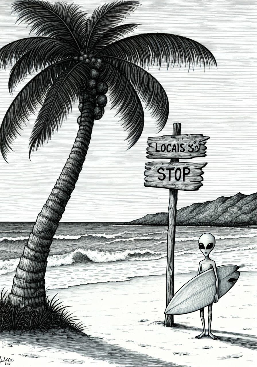 Surreal Beach Scene in Black-and-White Ink Drawing Style