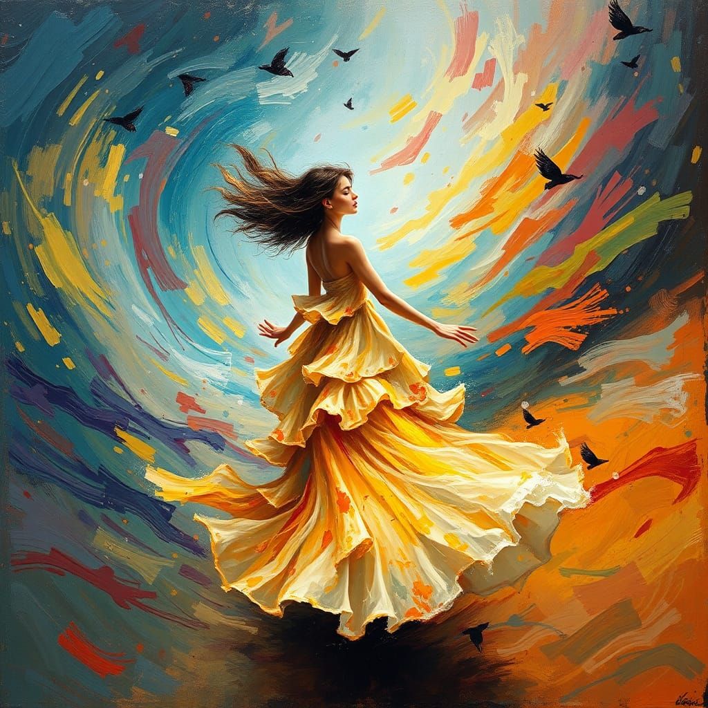 Whimsical Woman in Colorful Whirlwind, Expressive Impasto Ar...