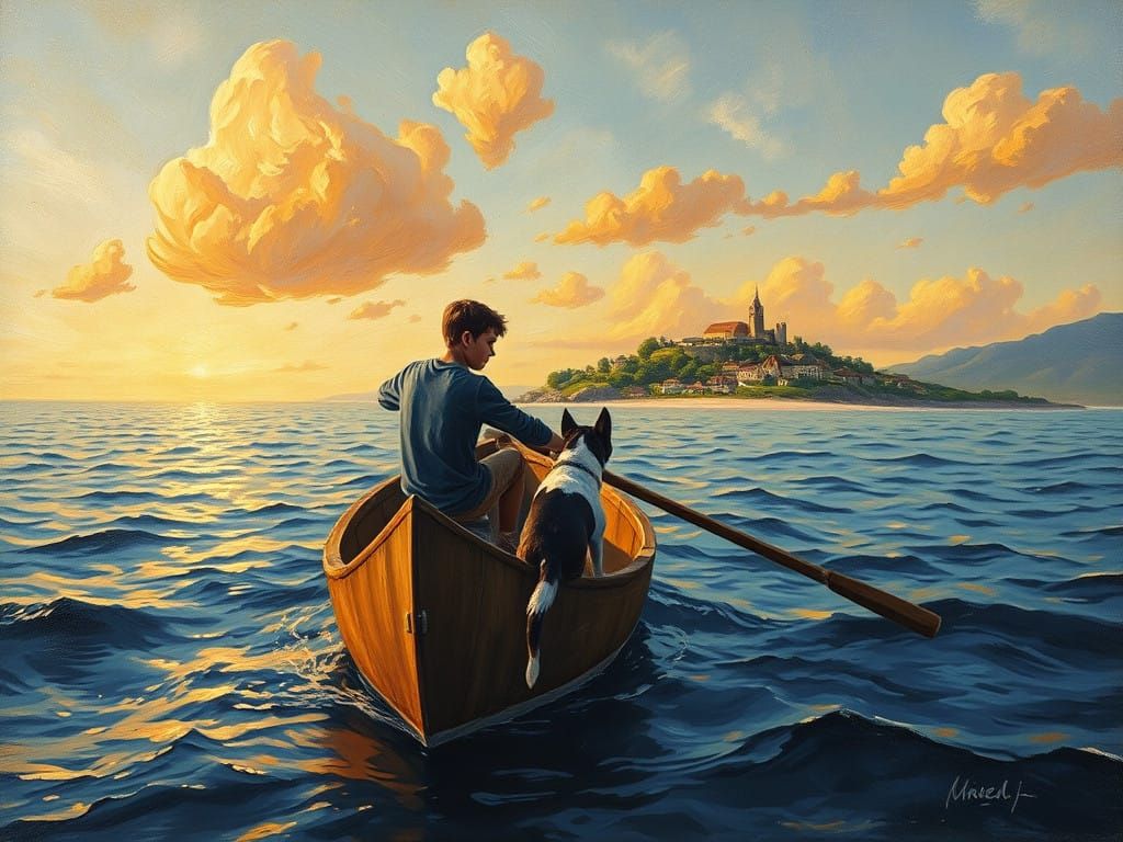 Young Man Rows Towards Serene Village at Sunset