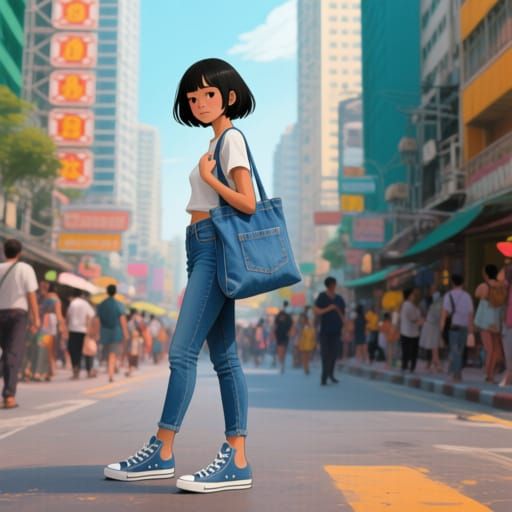 Thai Woman in Denim on Bustling City Street