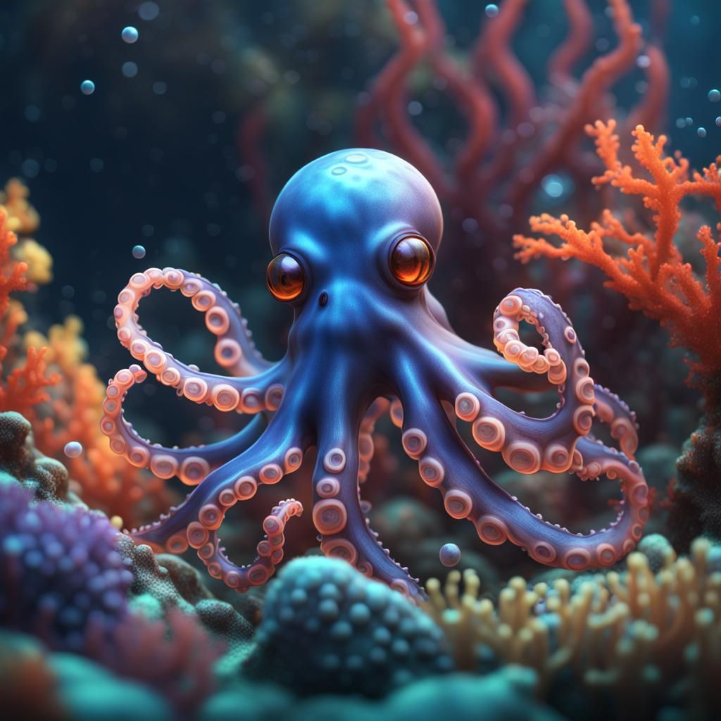 Glass Octopus in Coral Reef: Detailed Matte Painting