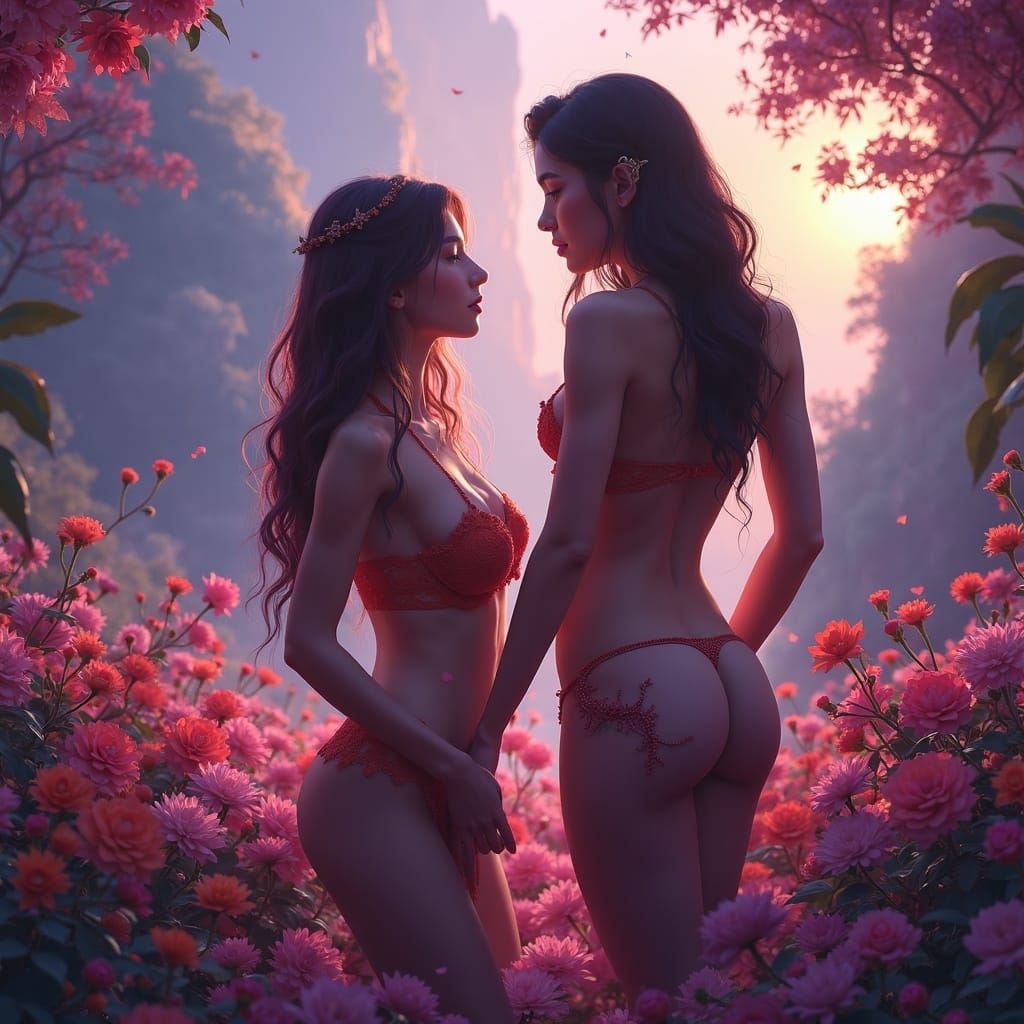 Sensual Women in Vibrant Fantasy Landscape