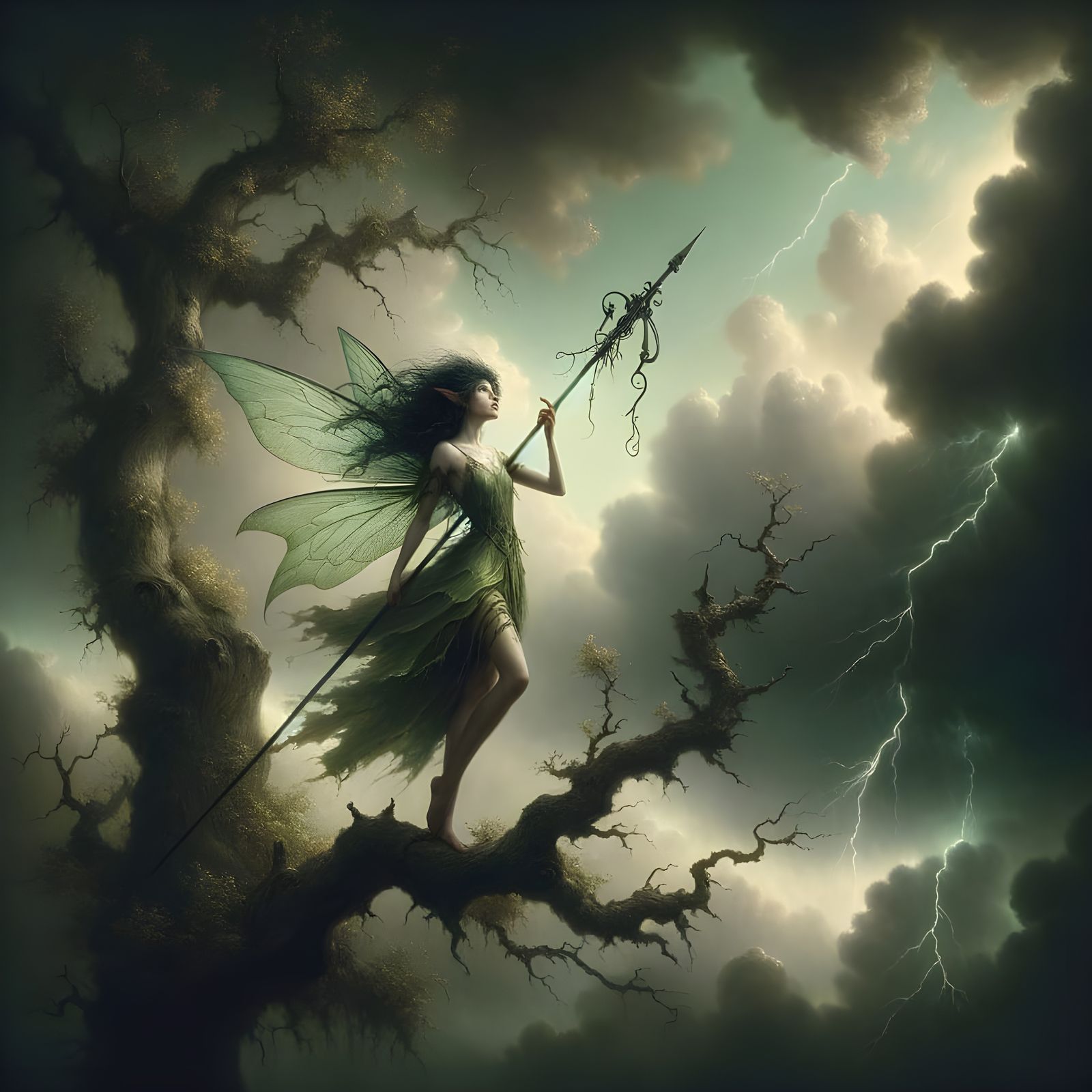Fae Queen Stands Resolute Against Stormy Sky