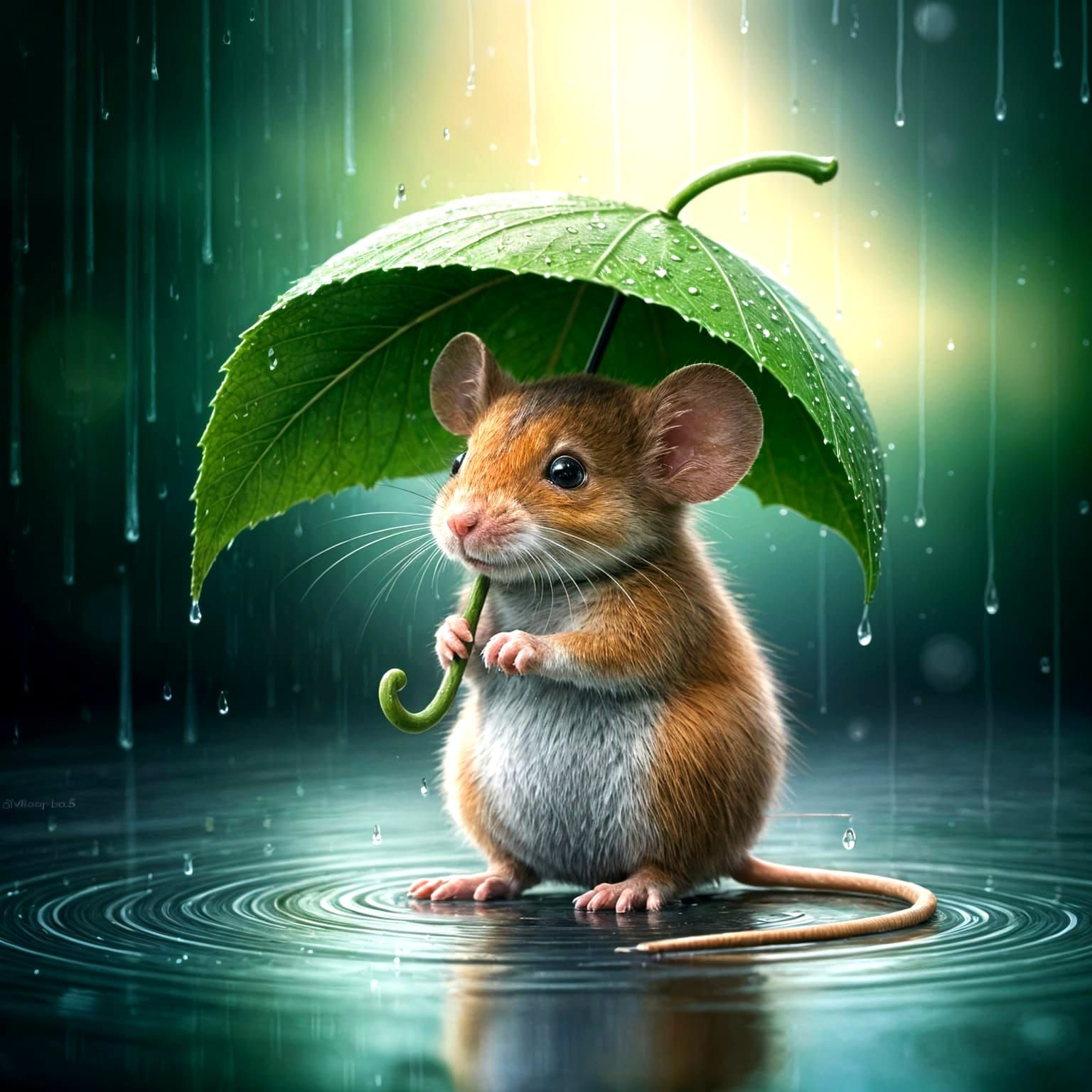 Whimsical Mouse Under Leaf Umbrella in Rainy Landscape