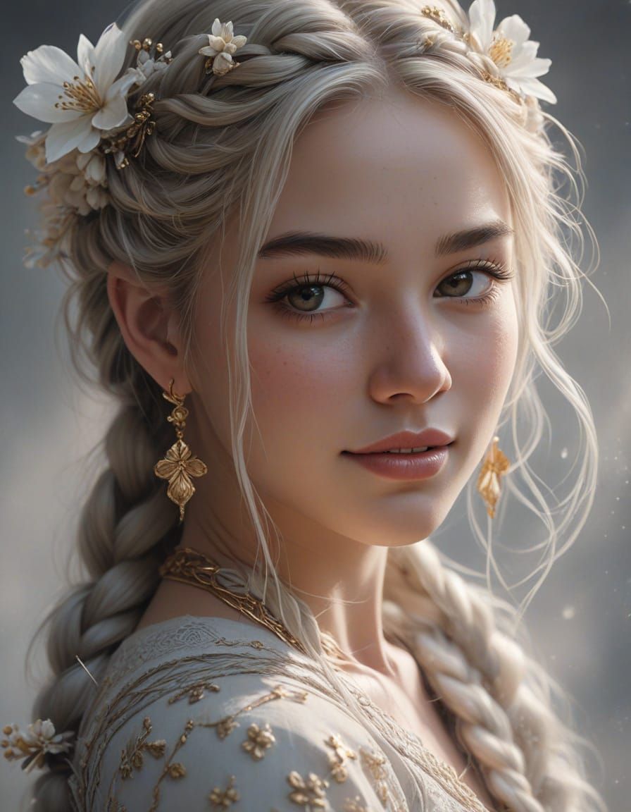 Ethereal Woman with Braided Hair and Flowers
