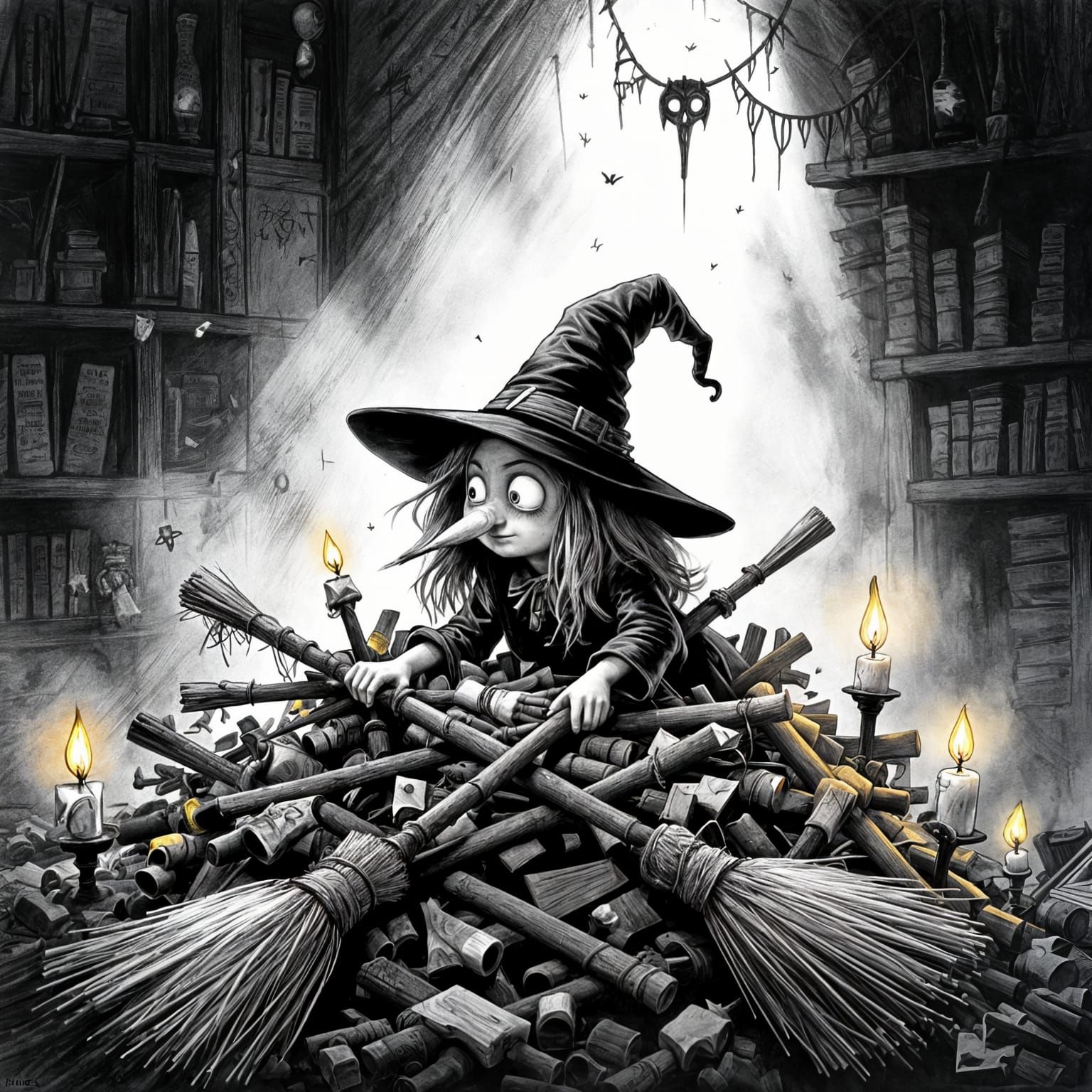 Tiny Witch Hoarder Among Broken Brooms
