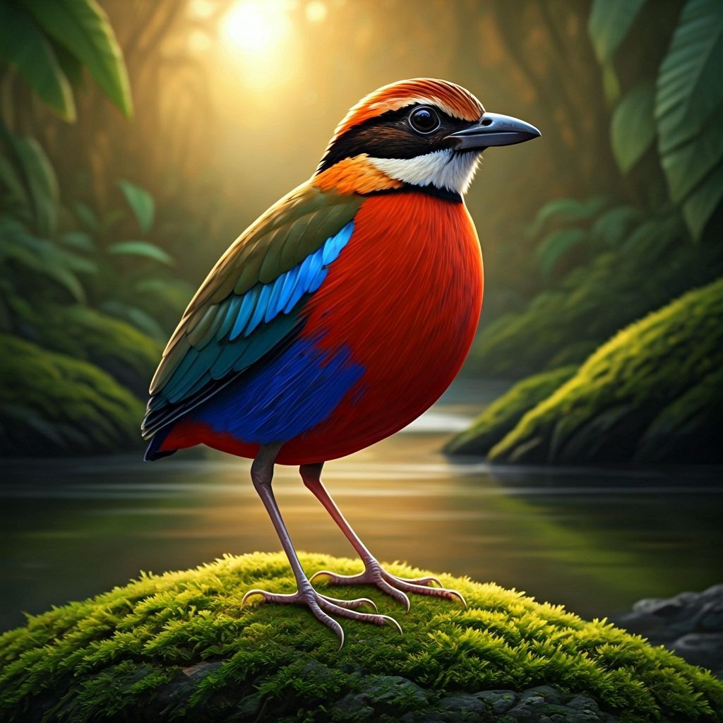 Vibrant Blue-Banded Pitta Bird in Sunset Jungle