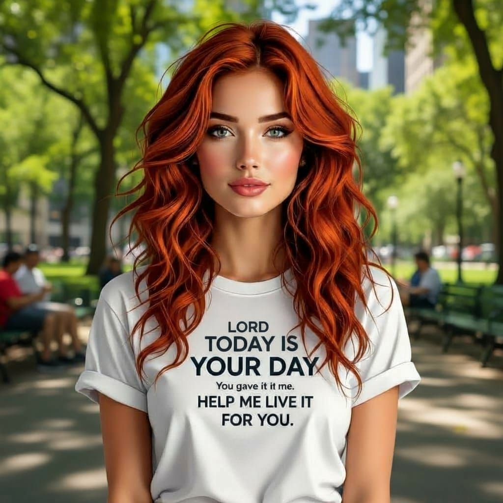 Red-Haired Woman in Inspiring T-Shirt