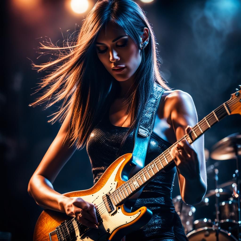 Beautiful Woman Playing Electric Guitar in Rock Band