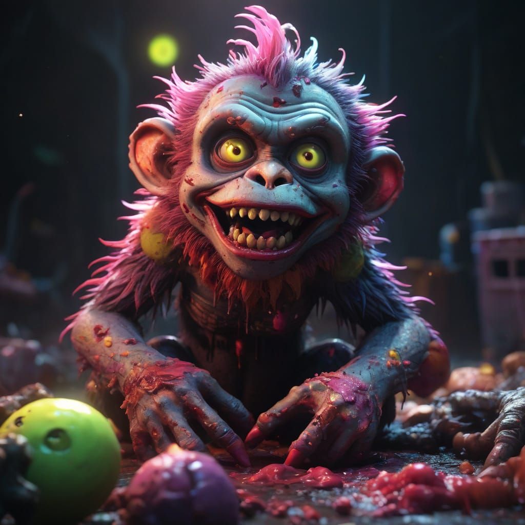 Cyberpunk-Inspired 3D Digital Art of a Grinning Zombie Monke...