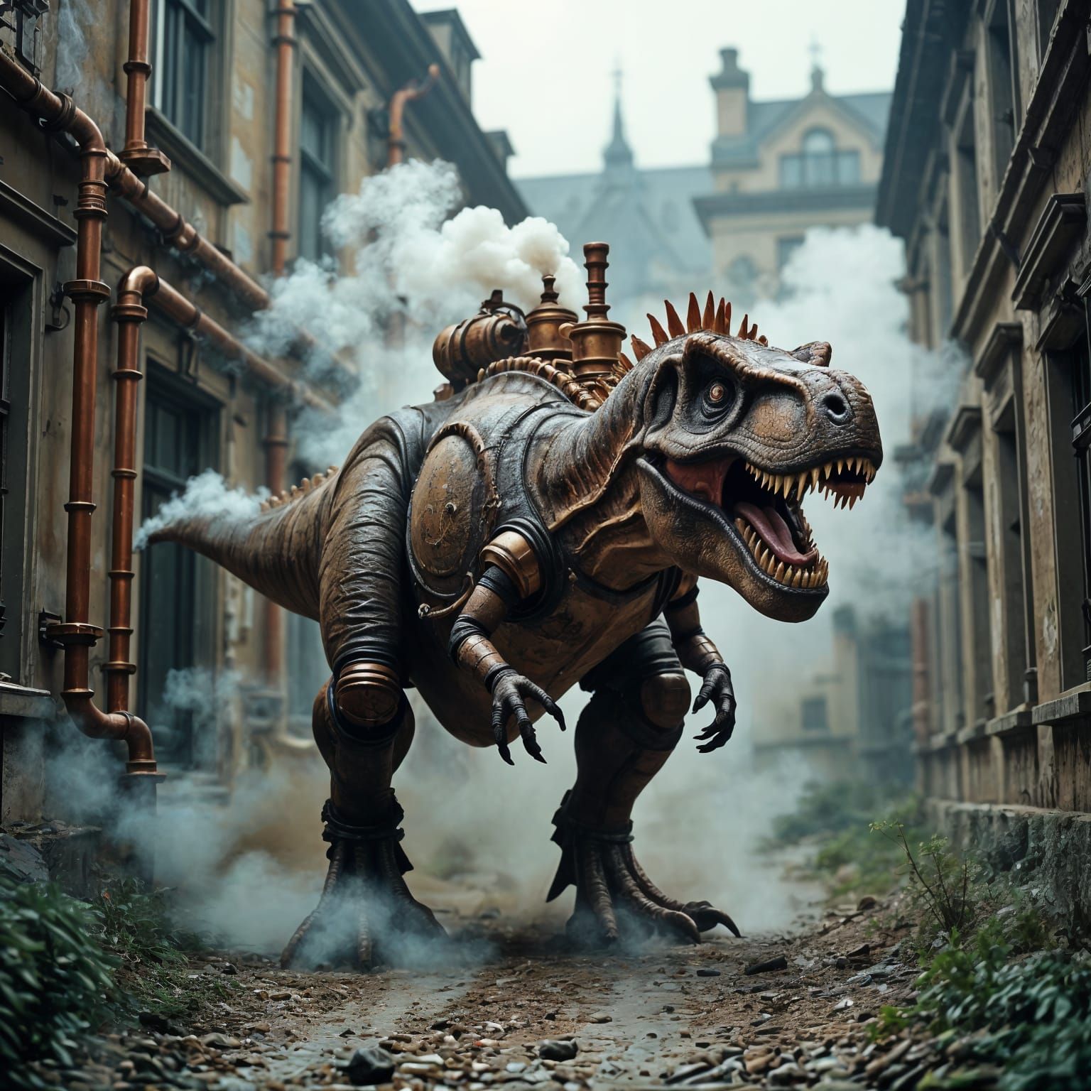 Steampunk T-Rex Rampage: A Cinematic Film Still