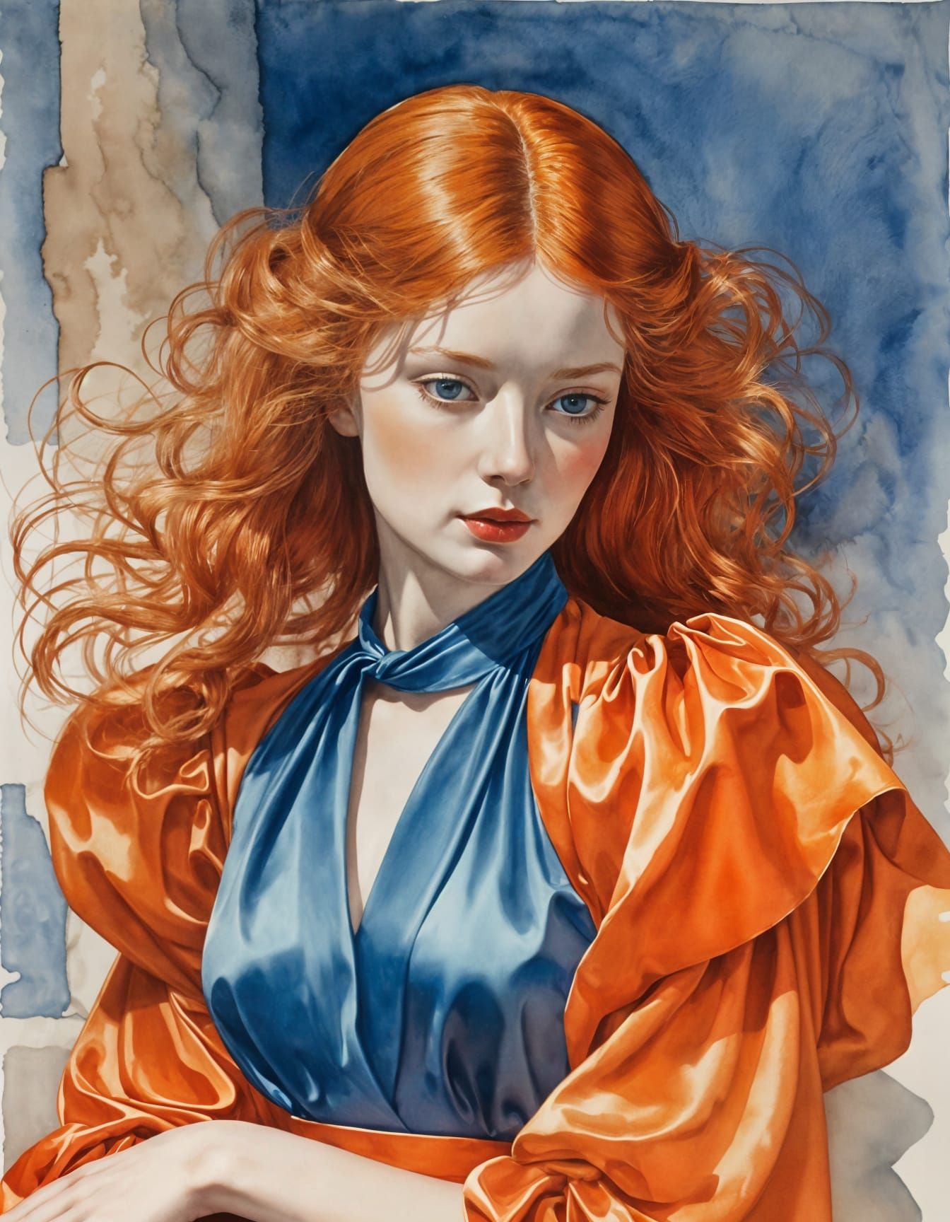 Redhead in Blue Dress: Watercolor Moebius-Wyeth Style