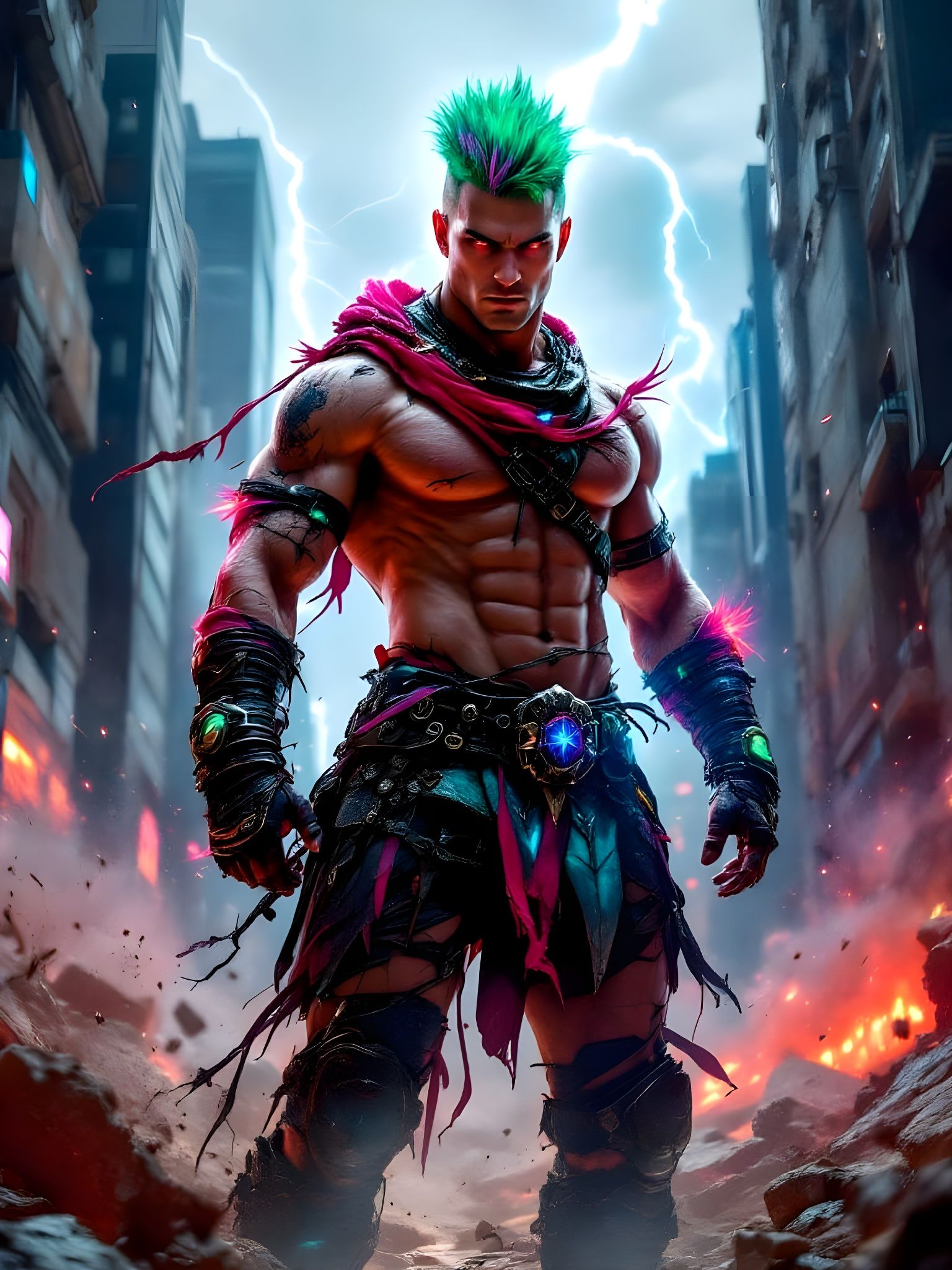 Cyberpunk Warrior in Ruined Cityscape