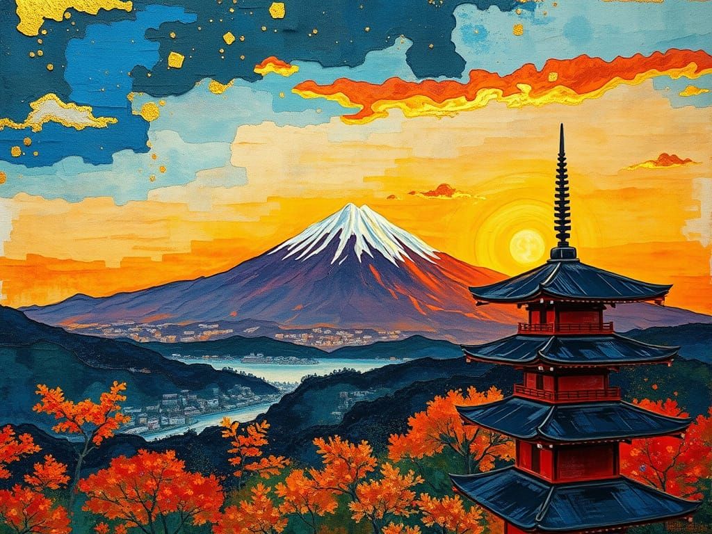Mount Fuji Sunset: Klimt-Style Mixed Media