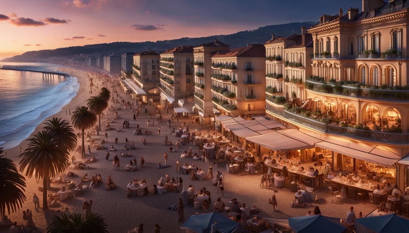 Nice Beach Terraces on Summer Evening, Digital Art