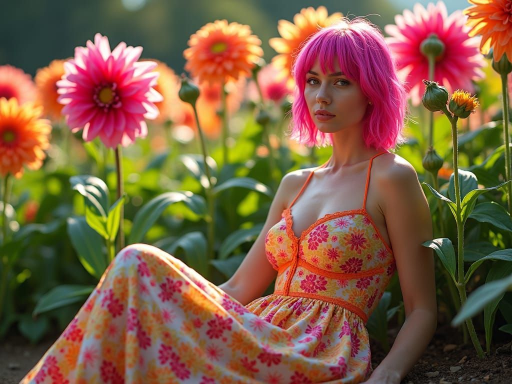 Neon Goddess Surrounded by Vibrant Dahlias in a Sun-Kissed G...