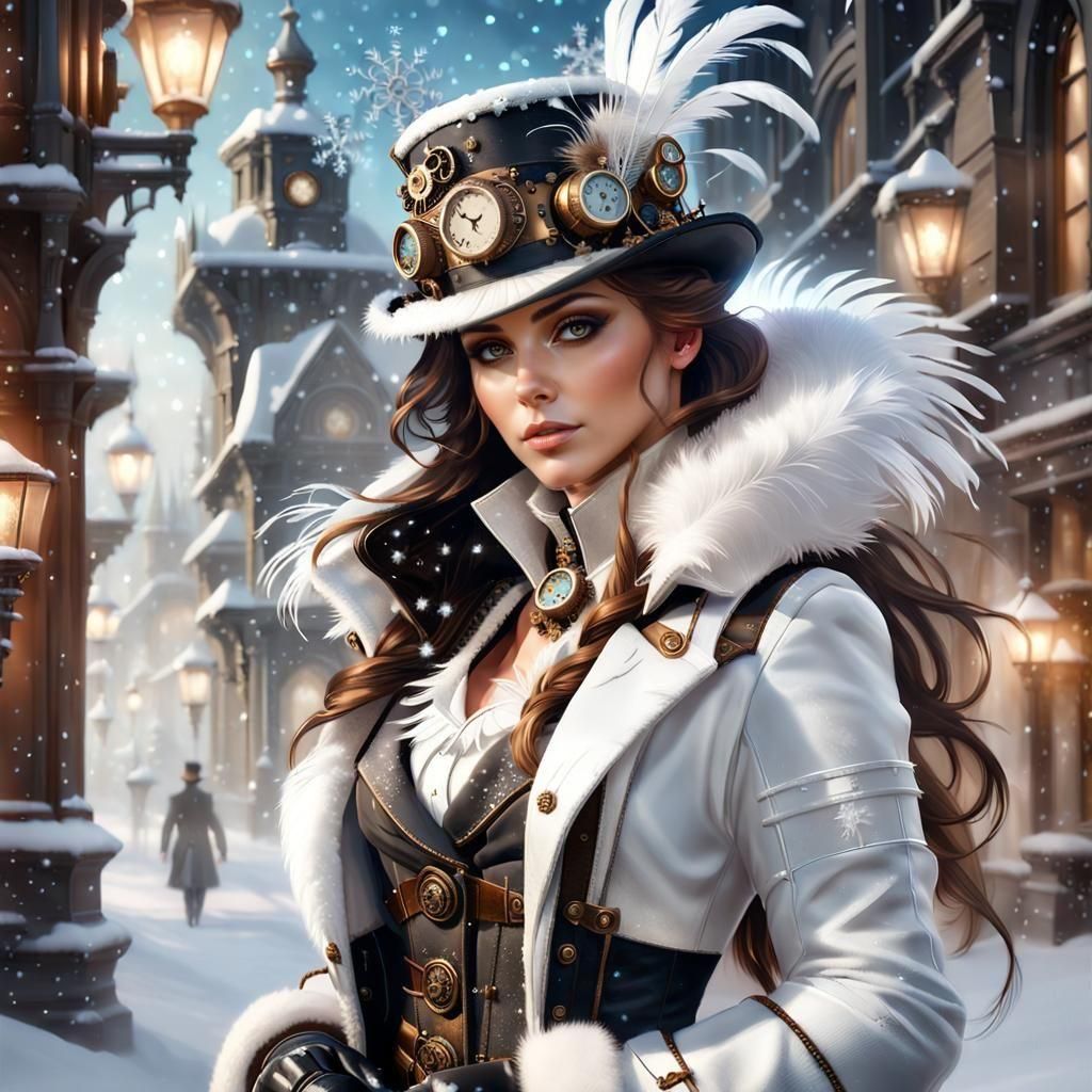 Steampunk Woman Portrait in Snow, Digital Art