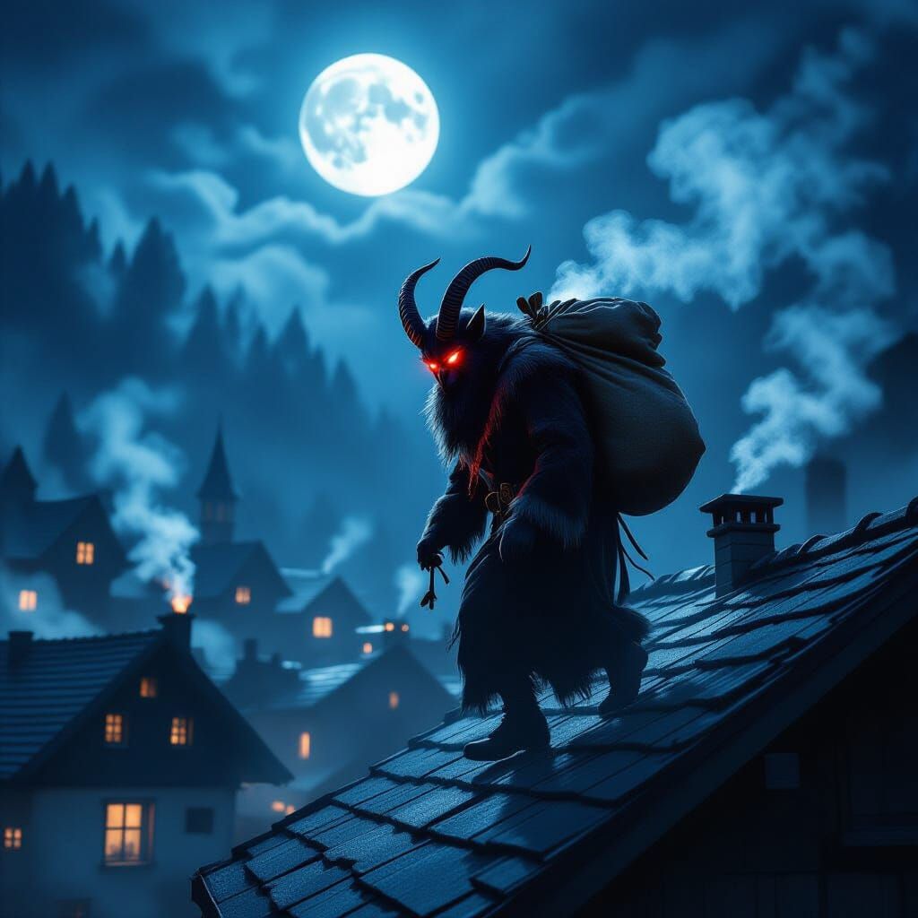 Krampus Walks Rooftops Under Full Moon
