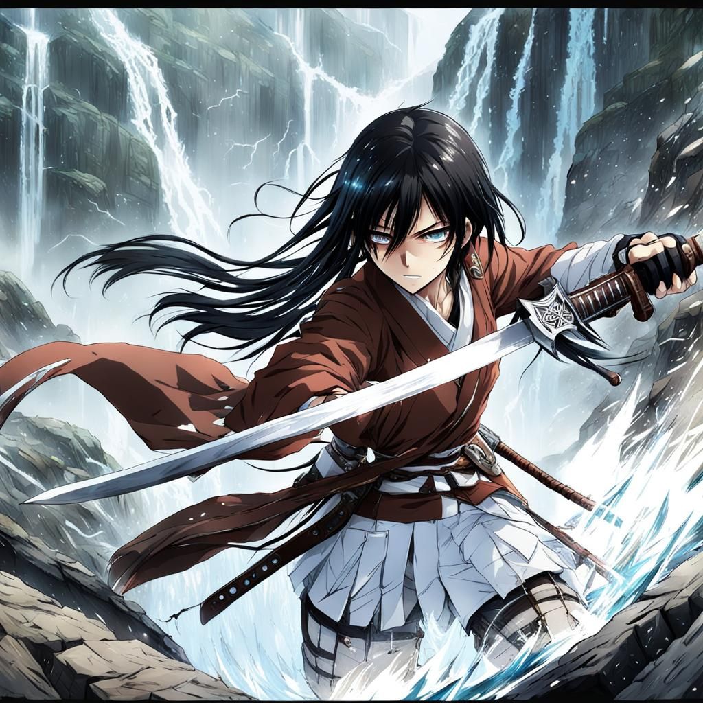 Mikasa Ackerman Anime Illustration Near Waterfall