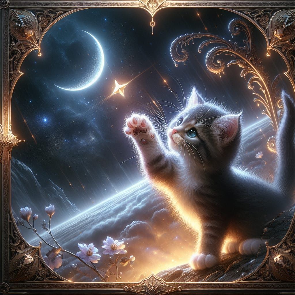 Kitten Reaching for a Star in Cosmic Nightscape