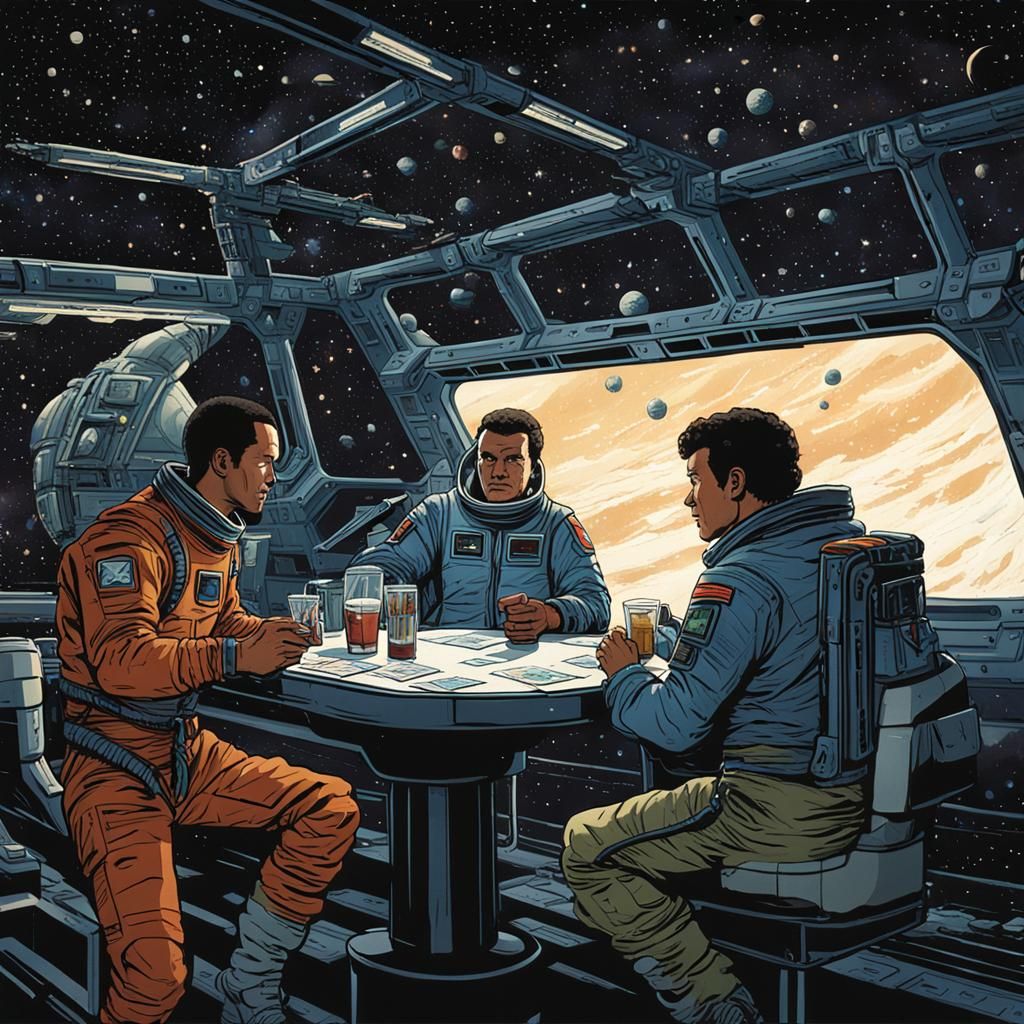 Space Freighter Interior with Crew Playing Cards