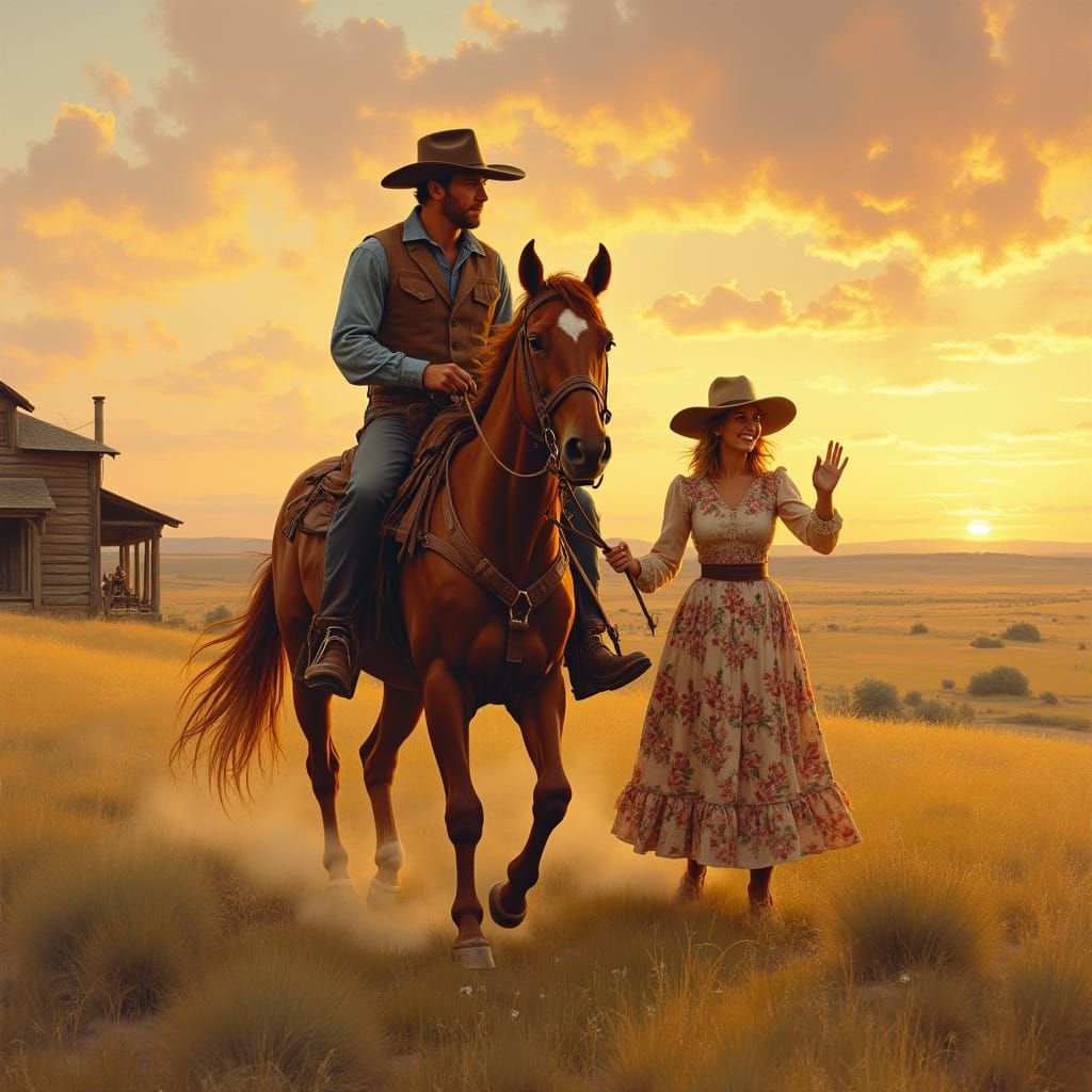 Cowboy Rides Home at Sunset, Western Art Style