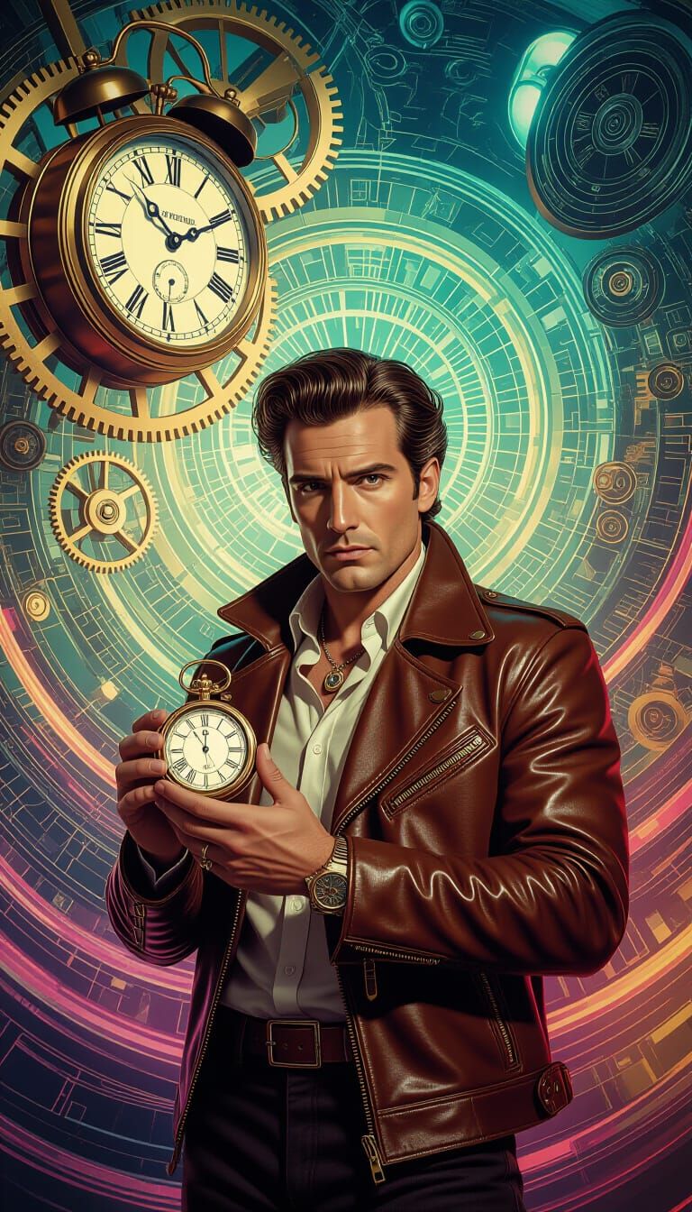 Time Traveler in a Dreamlike Retro-Futuristic Landscape