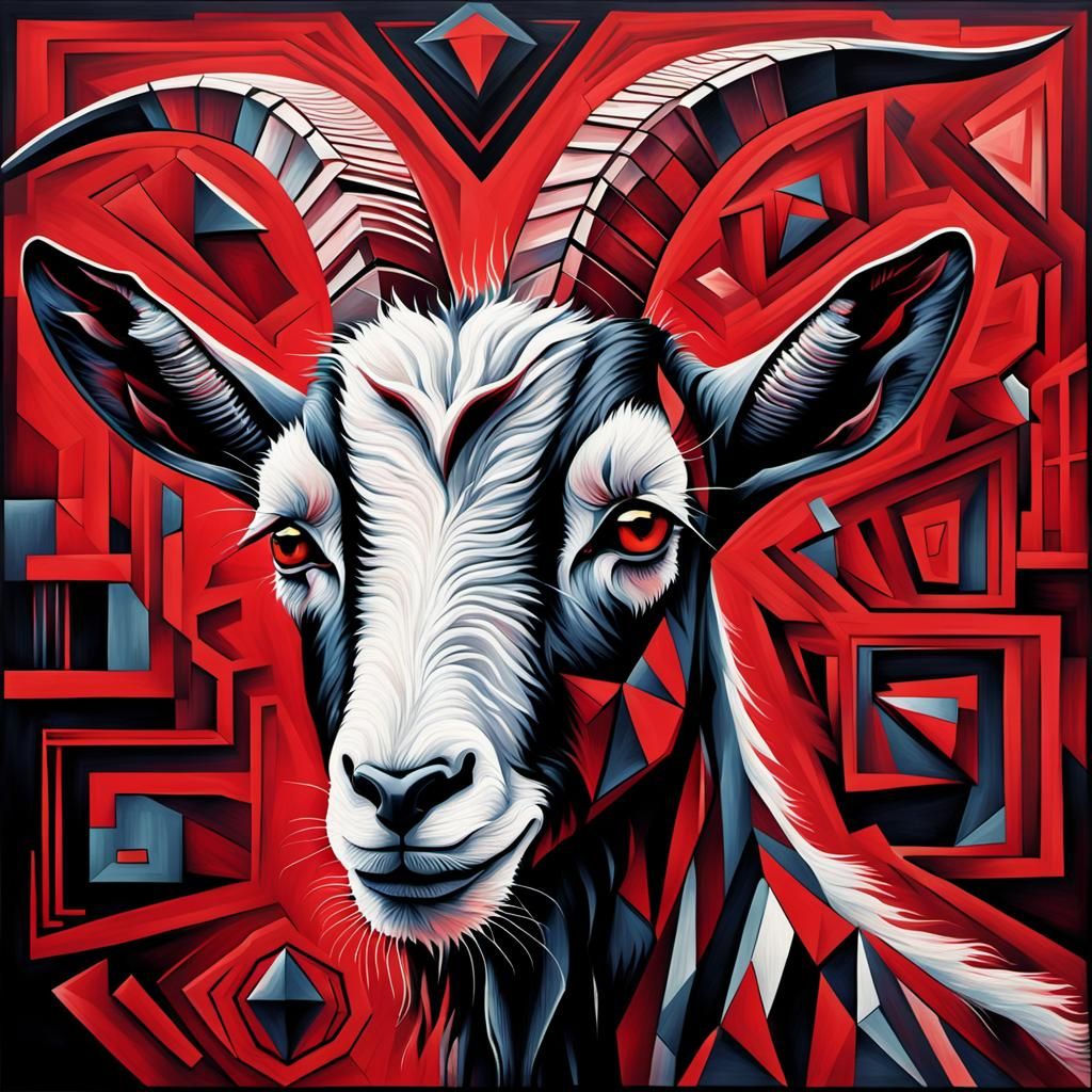 Menacing Geometric Goat Portrait in Cubist Style