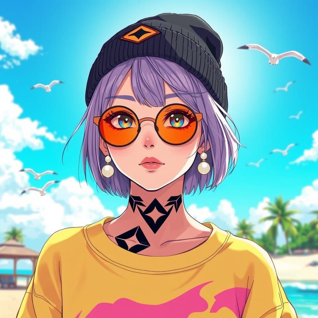 a vibrant, anime-style illustration of a young woman with short lavender hair wearing a black beanie with a diamond-shap...