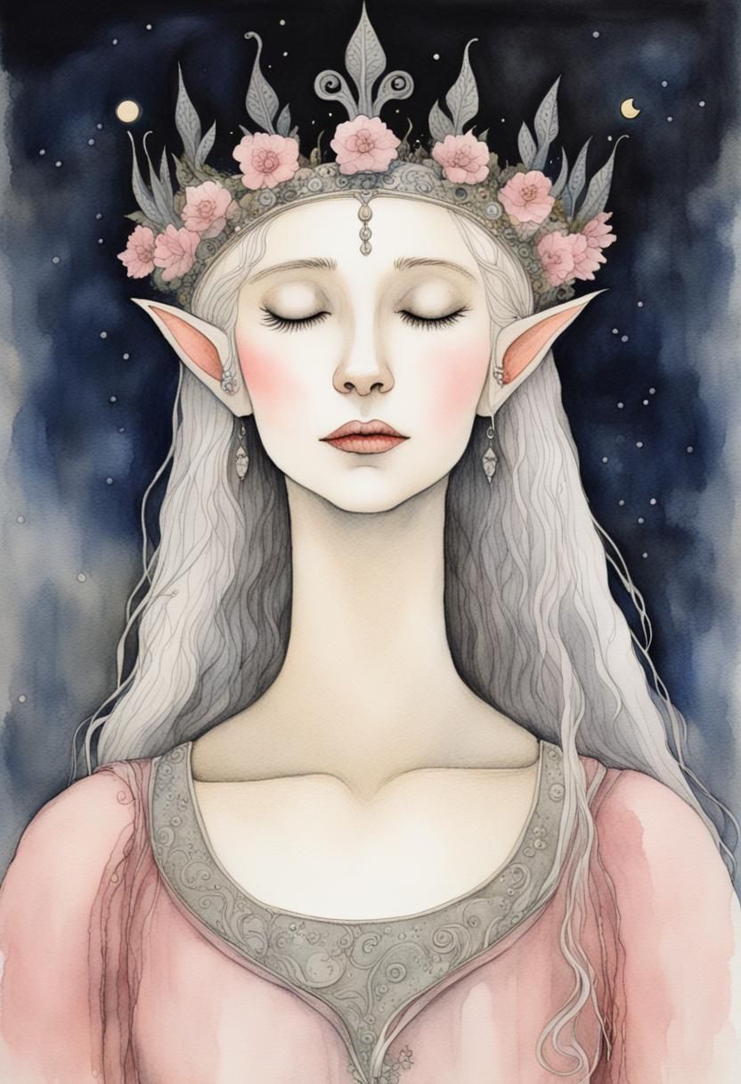 Elegant Elf Queen Portrait in Watercolor Style